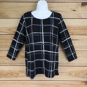 Croft & Barrow Knit Top Womens S Black Plaid 3/4 Sleeves Stretch Soft Round Neck